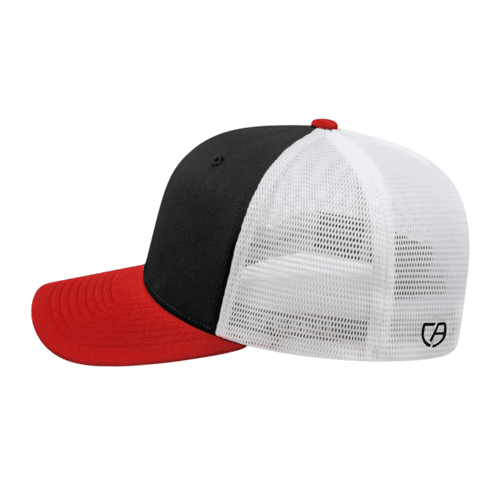 Flexfit 110® Premium Trucker Mesh Back Cap- Black/Red - Front - Side. #variantid_47123461505322