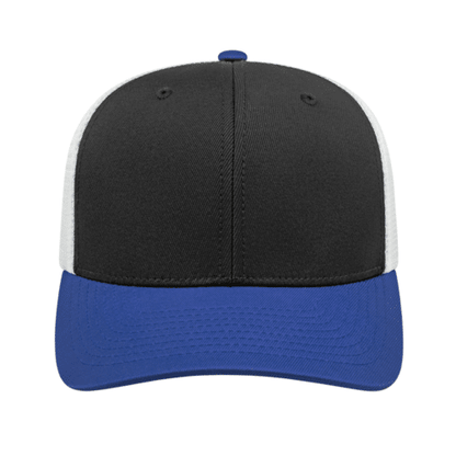 Flexfit 110® Premium Trucker Mesh Back Cap- Black/Blue - Front.  #variantid_47123461538090