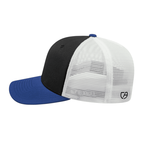 Flexfit 110® Premium Trucker Mesh Back Cap - Black/Blue - Side.  #variantid_47123461538090